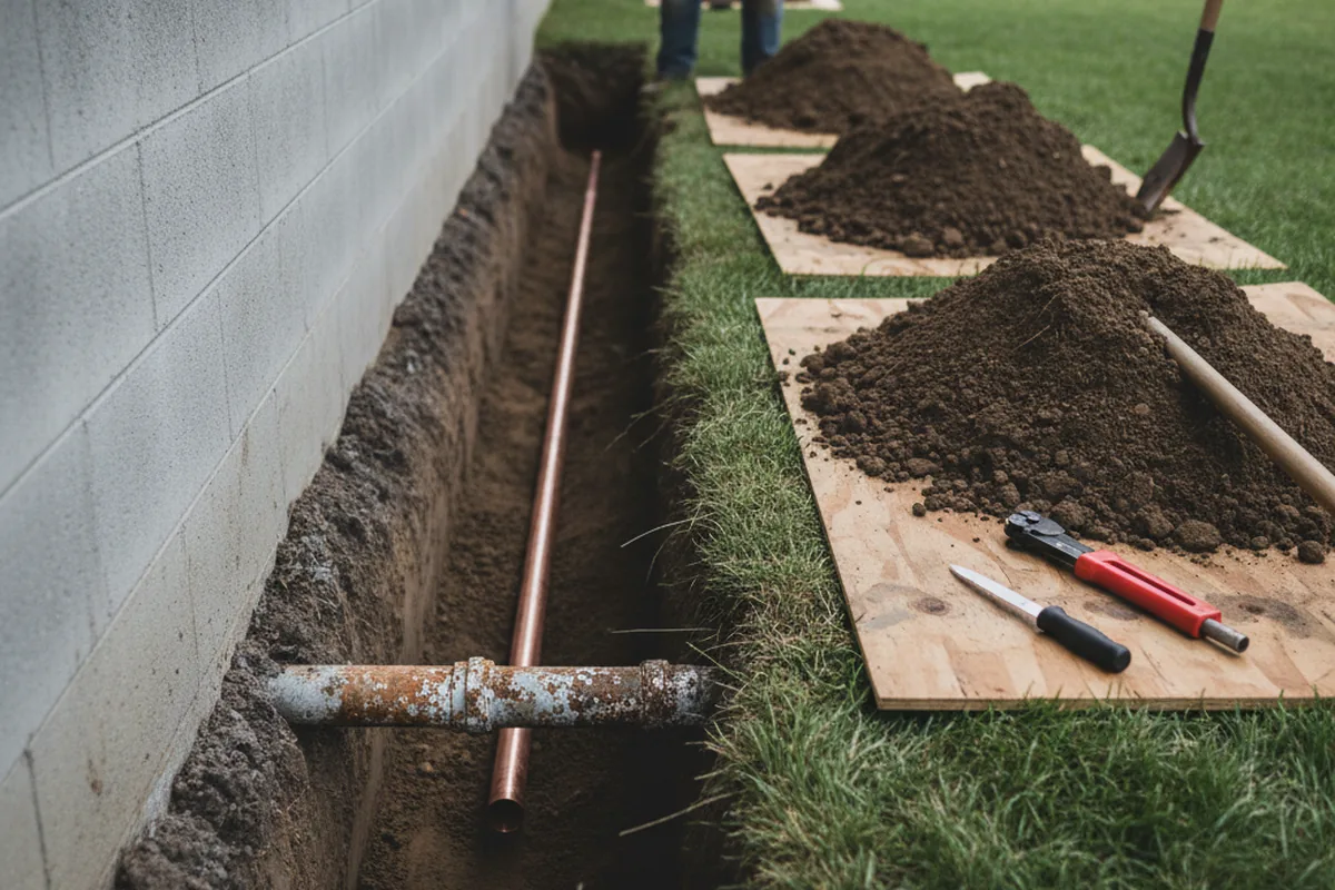 Excavated water line trench during Water Softener Installation in Taberg
